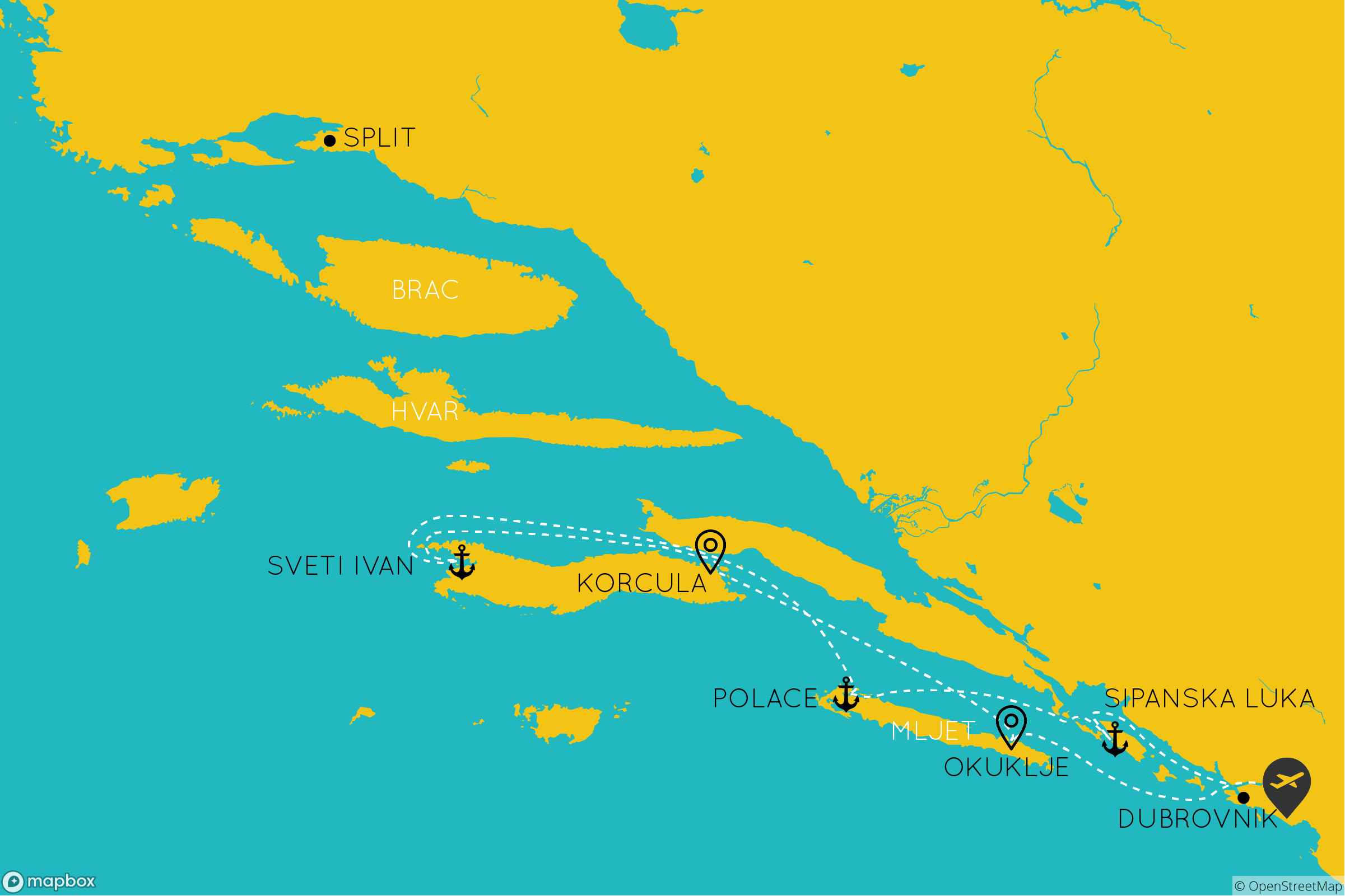 Map of the Dubrovnik sailing route in Croatia – Featuring the scenic paths and key destinations along the stunning Adriatic coast, showcasing the beauty of Dubrovnik and its surrounding islands.
