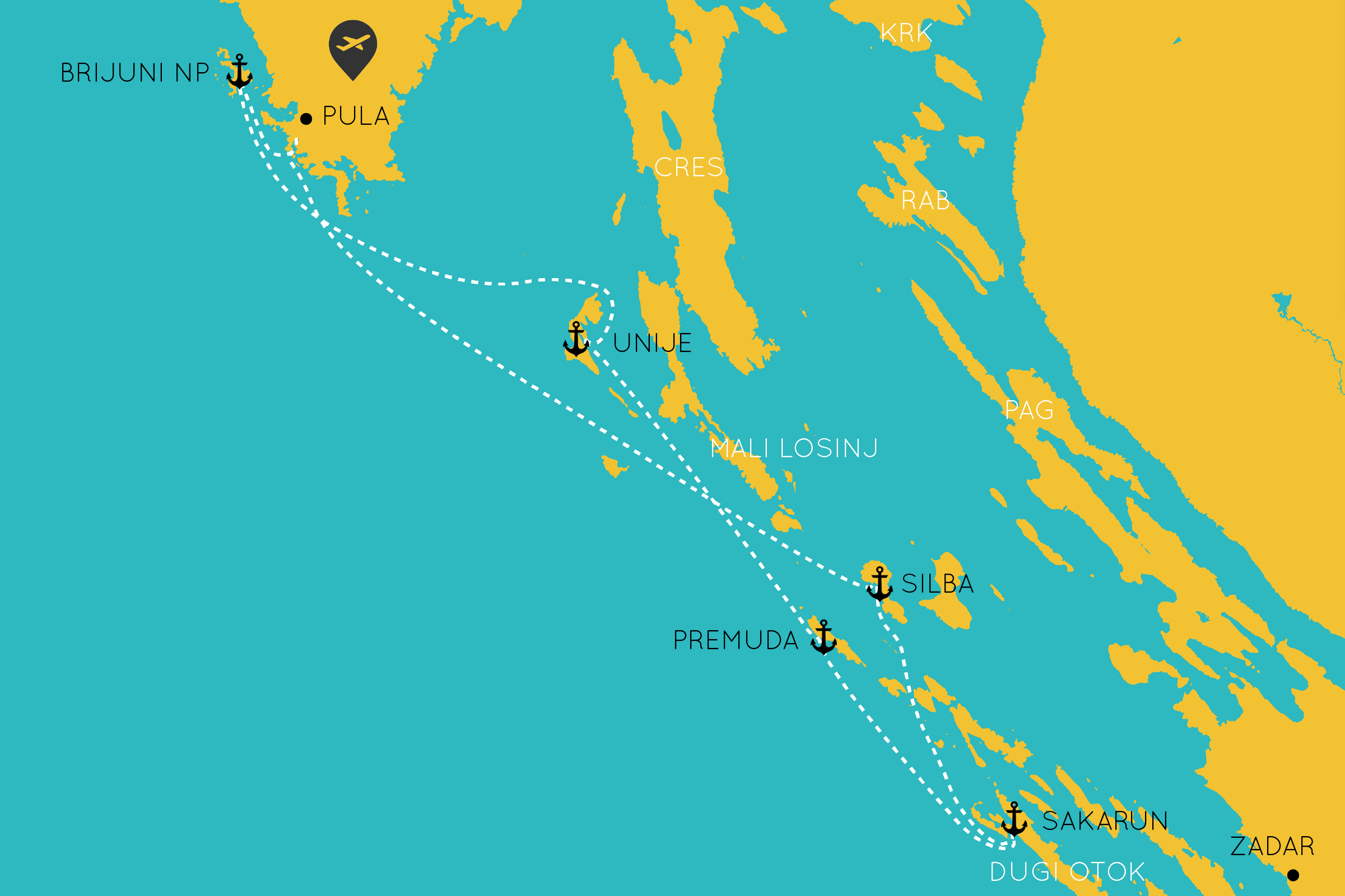 Sailing itinerary map for one week in northern Croatia starting from Pula highlighting key routes, anchorages, and must-see destinations