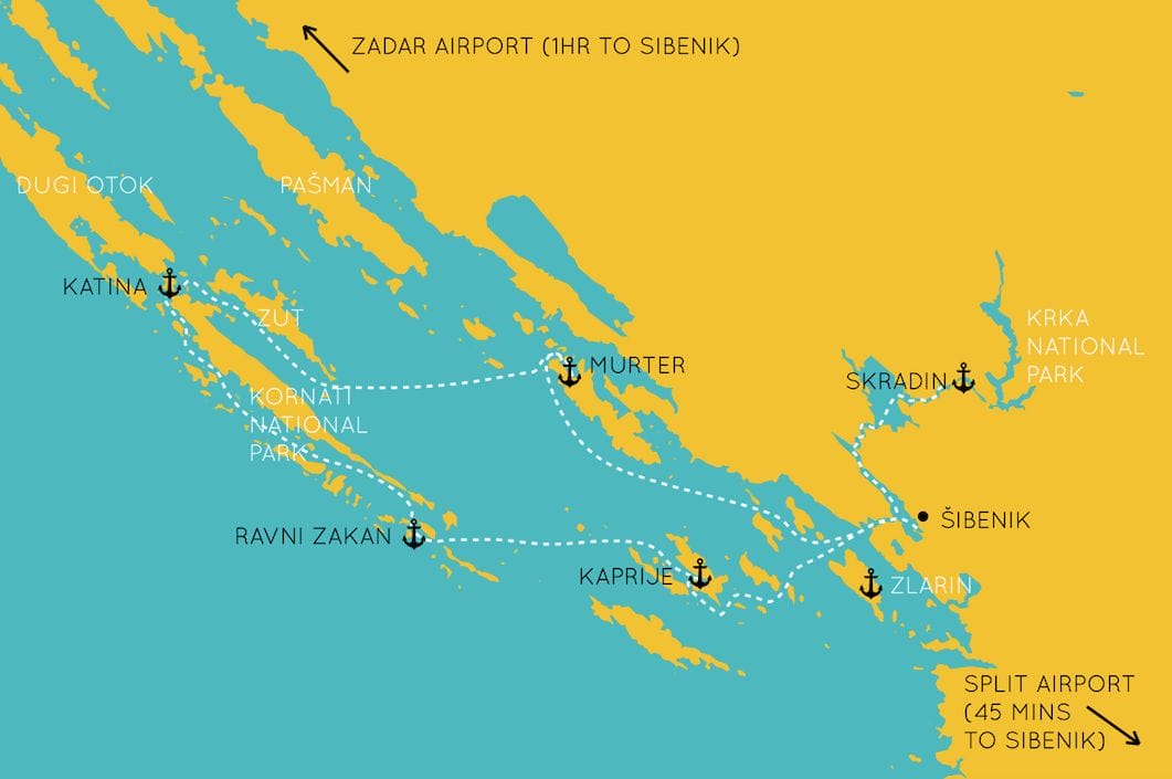 Sailing itinerary map for one week in northern Croatia starting from Sibenik highlighting key routes, anchorages, and must-see destinations