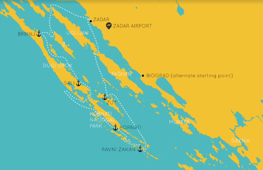 Sailing itinerary map for one week in Zadar, Croatia highlighting key routes, anchorages, and must-see destinations