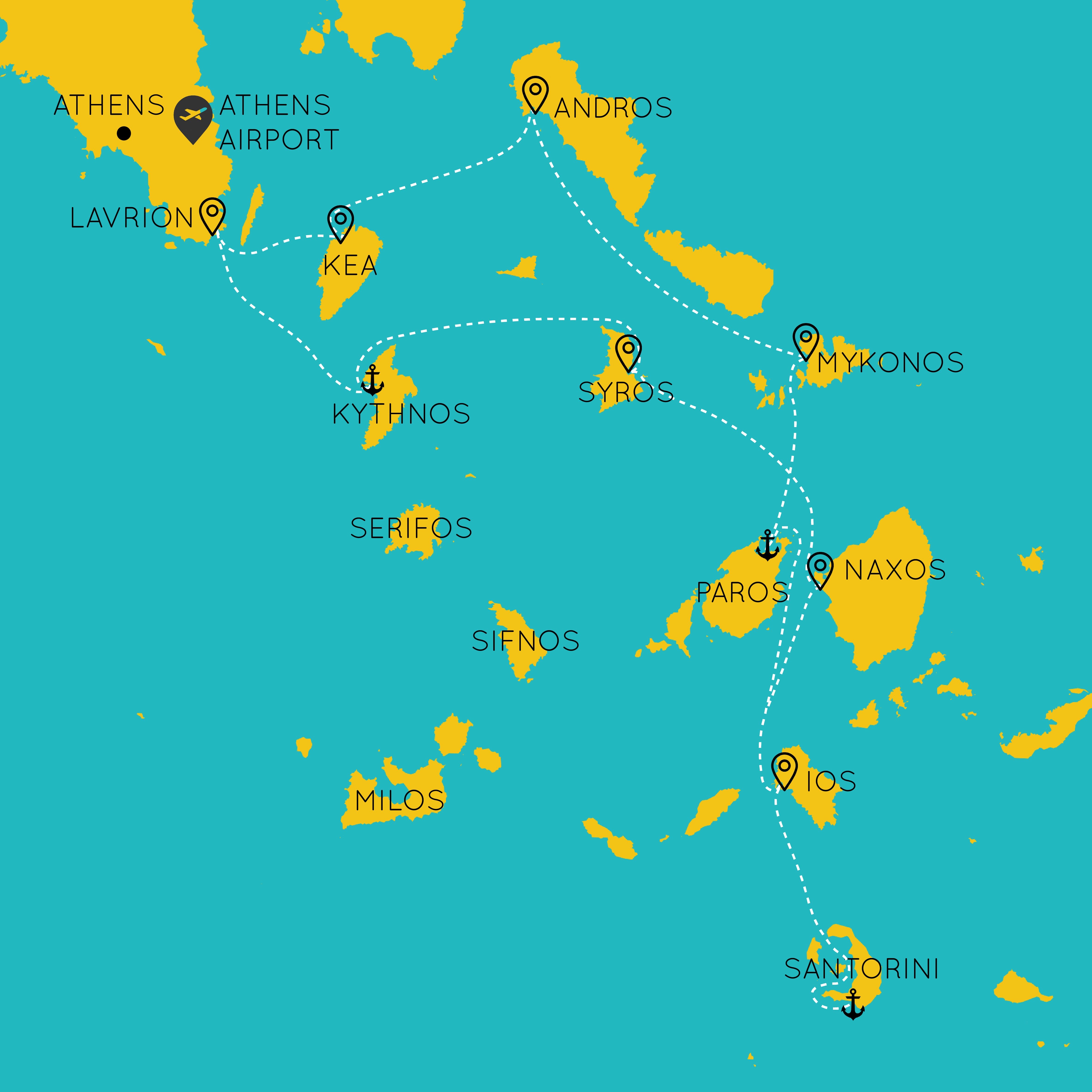 Sailing itinerary map for two weeks in the cyclades highlighting key routes, anchorages, and must-see destinations