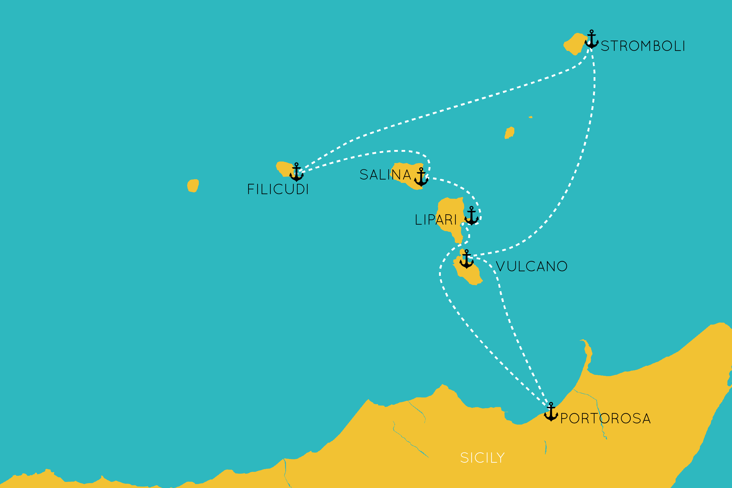 Detailed map of the Sicily sailing itinerary – Highlighting the scenic routes and key destinations around Sicily, including beautiful coastal towns, islands, and major sailing points in the Mediterranean Sea.